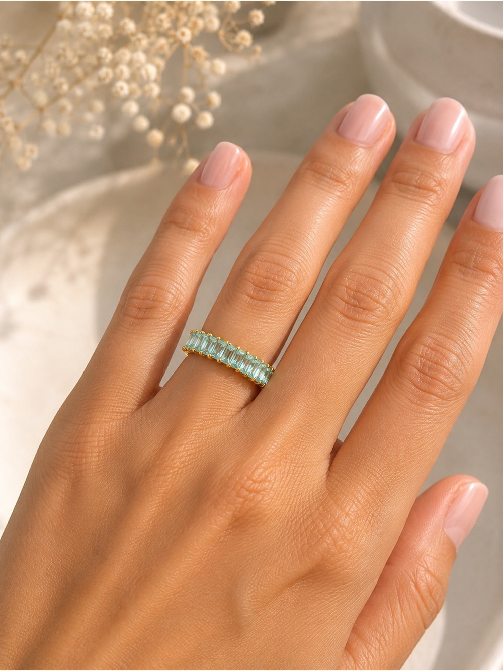 18K Gold Plated Aqua CZ Adjustable Ring Waterproof Stainless Steel